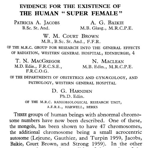 The title, authors and first sentences of the article by Jacobs and colleagues, with the title 'EVIDENCE FOR THE EXISTENCE OF THE HUMAN "SUPER FEMALE"