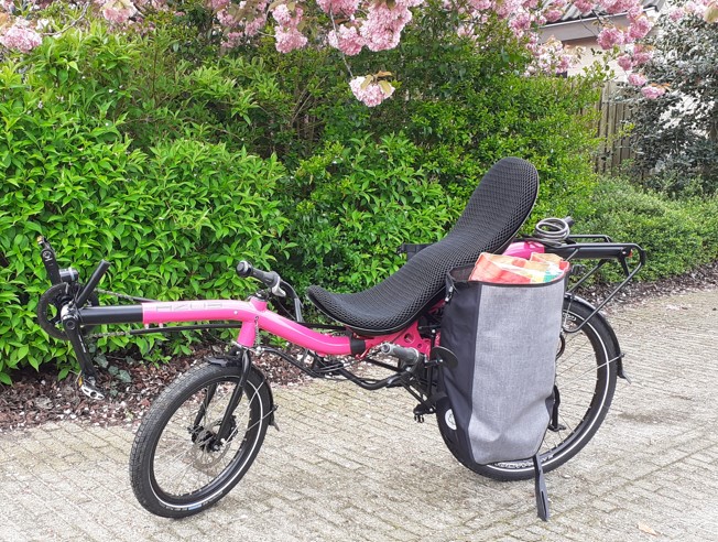 Roze ligfiets met grote grijze fietstas vol boodschappen staat onder een boom met roze bloesem, erachter een groene heg